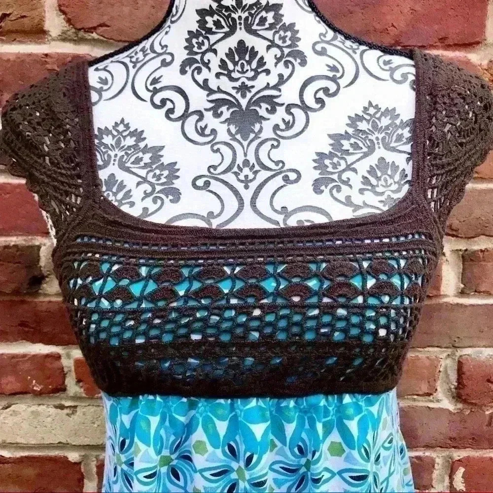 ENERGIE Crochet Rayon Babydoll Boho Hippie Cap Sleeve Flower Fit Flare Top SizeM - Picture 4 of 9